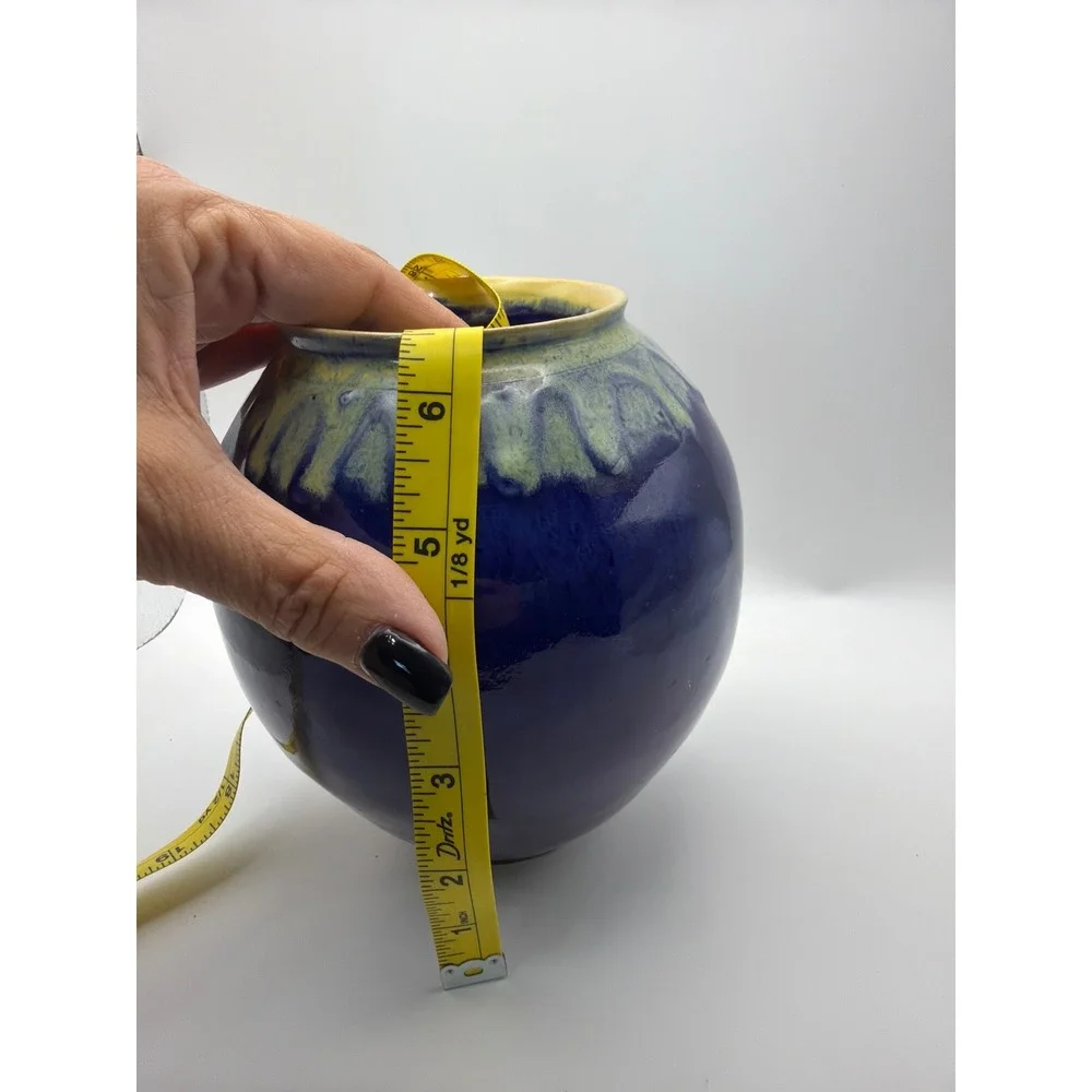M Lee Signed Studio Pottery Vase Cobalt Blue Drip Glaze Round Ceramic 6.5 Inch